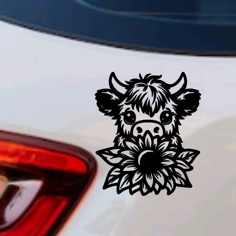 Highland Cow Sunflower Decal Car Mirror Sticker, Mirror, Window Decorative Sticker, Vinyl Decal, Car Accessories