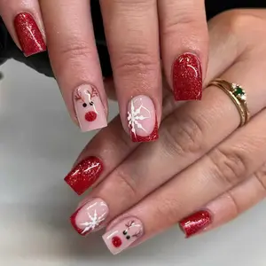 Christmas 24pcs Short Oval French Press-On Nails, Heart Deer Snowflake Design, Holiday Touch, Winter Style, Acrylic False Nails, Includes Jelly Glue & Nail File
