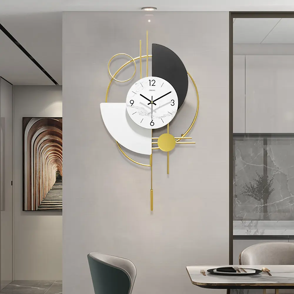 Homary Modern 9-in Battery-Operated 3D Round Irregular Geometric Silent Wall Clock - Gold Pendulum, Mute Metal, Living Room Room Decor, Home Supplies