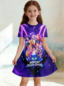 Girls' 3D Dress, Heart K-Pop Demon Hunters Full Print, Round Neck Short Sleeve A-Line, Breathable Summer Dress, Perfect for Parties and Gifts