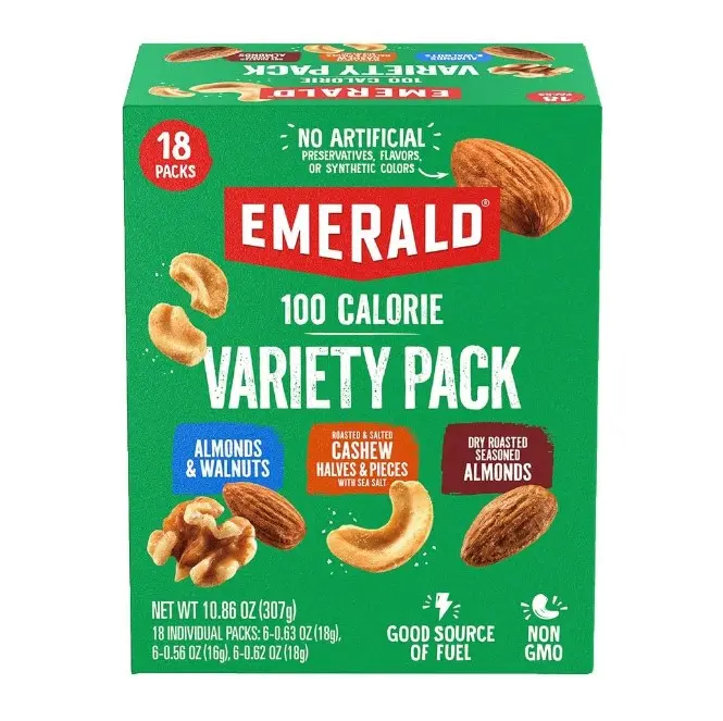 Emerald Nuts Mixed Nuts Variety Pack 18ct (1-Pack) , 100-Calorie Individual Packs , Features Dry Roasted Almonds, Natural Almonds & Walnuts, and Roasted & Salted Cashews