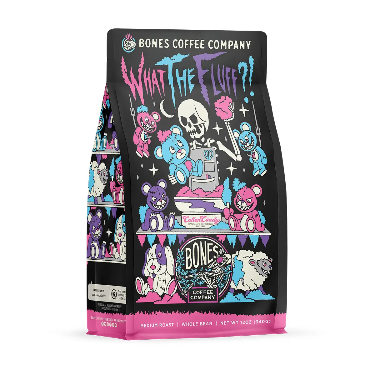 Bones Coffee Company What the Fluff?!, Berry Cotton Candy Flavor, Made with Arabica Coffee Beans, Ground and Whole Coffee (12oz) Beverage Roast