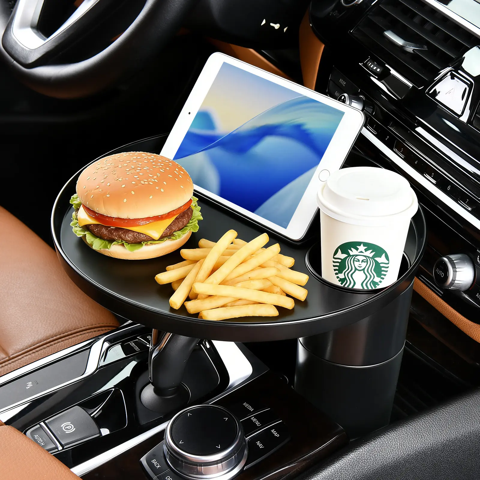 L2FLORICH  All-in-1 Car Organizer - Big Cup Holder Expander, 360° Rotating Tray, Universal Steering Wheel Mount Desk for Food, Drinks, Fits Auto Center Console