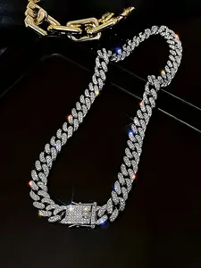 Luxury Rhinestone Cuban Chain Necklace, Fashion Hip Hop Jewelry, Sparkling Full Diamond Design, Trendy Statement Piece for Women, Elegant Rhinestone Necklace