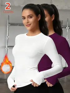 2-Pack Women's Fitted Thermal Underwear Tops, Solid Color Classic Crew Neck Long-Sleeve Base Layers for Autumn & Winter - Ideal as Running, Hiking Activewear, Comfortable Base Layer Tees Suitable for Outdoor Activities