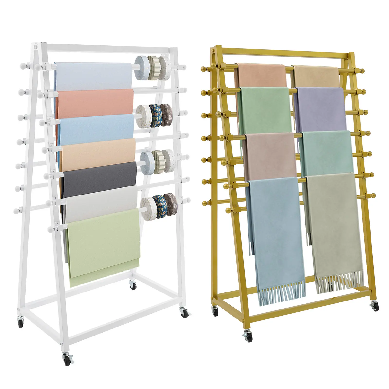 Sturdy Metal White Frame Double-Sided Scarf Rack Organiser, 15-Tier Adjustable Rolling Holder with 4 Universal Casters & Brakes, Gold Accents, 30kg Capacity, 6.5kg Weight, 70x40x120cm, Assembly Guide Included for Home Organization, Lockable Frame, Scarf H