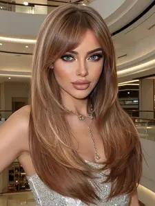 30 Inch Brown Color Straight Synthetic Hair Wigs for Women, Heat Resistant Gradient Color Wig for Natural Look and Charming Style, Summer Long Hair Replacement, Synthetic Material Wigs