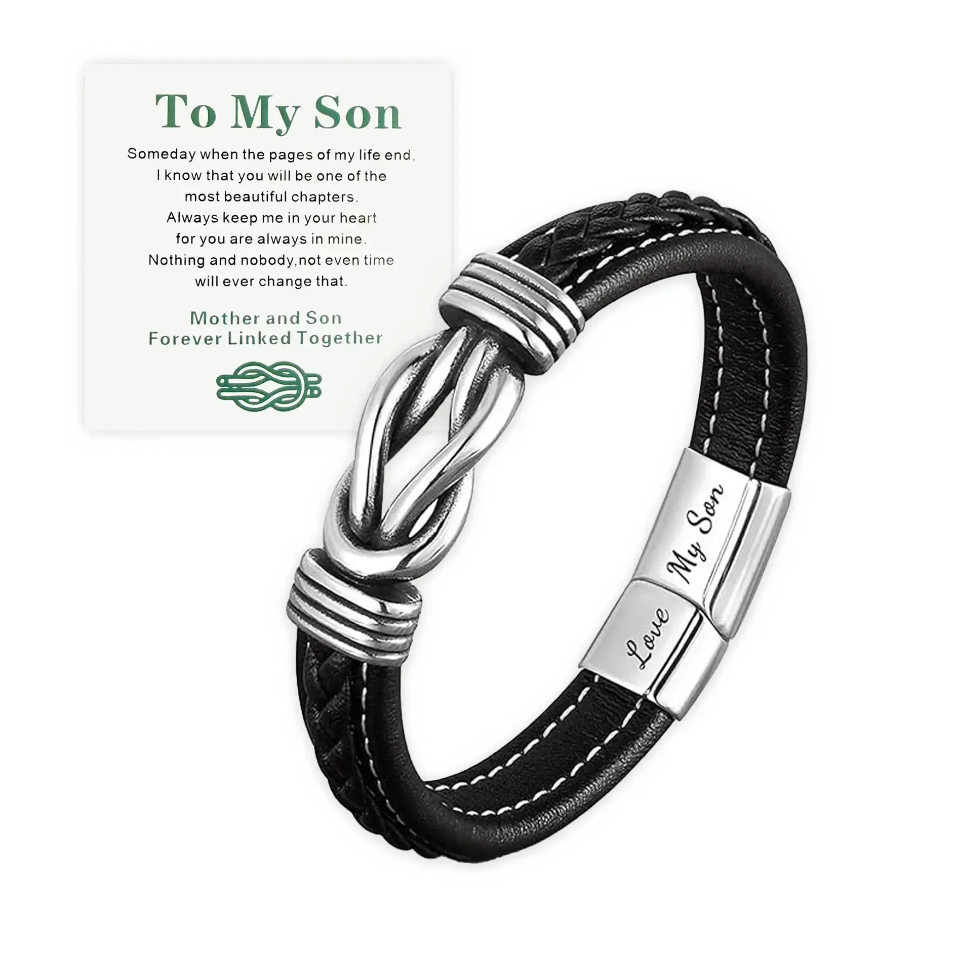 To My Son Infinity Knot Bracelet, Back-to-School Gift,Forever Linked Together Leather & Stainless Steel Engraved Jewelry from Mom for Birthday Christmas