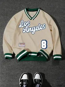 Men's Vintage Los Angeles Baseball Style V-Neck Sweatshirt, Comfortable Fabric, Colorblock Ribbed Collar and Cuffs, Loose Fit, Casual Wear