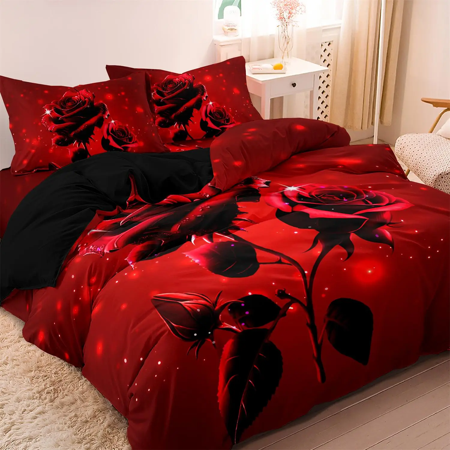 Rose Pattern Duvet Cover Set, 3 Counts/set Including 1 Duvet Cover & 2 Pillowcase without Filler, Soft Comfortable Bedding Set for Home Bedroom