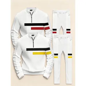 Trendy Men's Minimalist Tracksuit Set - Half-Zip Stand Collar Color-Block Stripe 2-Piece Outfit