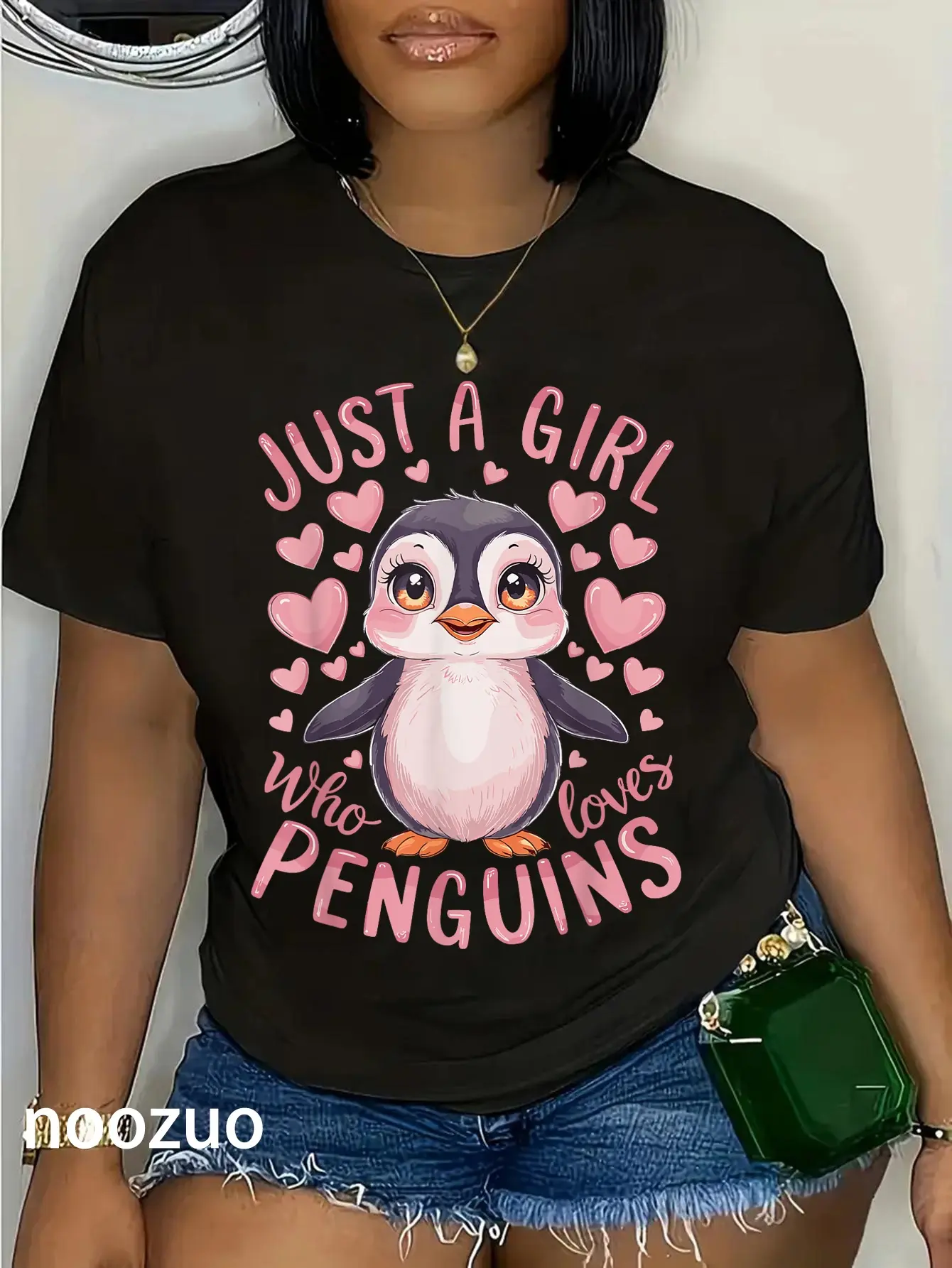 Women's 100% Cotton Casual Short-Sleeve Round Neck Graphic T-Shirt - Funny Penguin Print, Everyday Wear for Penguin-Loving Girls, Shortsleeve, Tshirt, Casual Fit, Playful Look