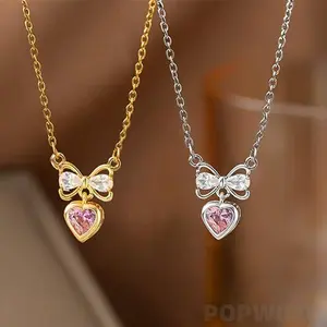 Dainty Bow Rhinestone & Pink Heart Charm Tiny Necklace - Gold/Silver Plated Sparkling Crystals, Elegant Sweetheart Chain Choker, Perfect Gift for Her, Ideal for Daily Wear & Special Occasions, Bow Rhinestone Necklaces, Heart Charm Necklaces