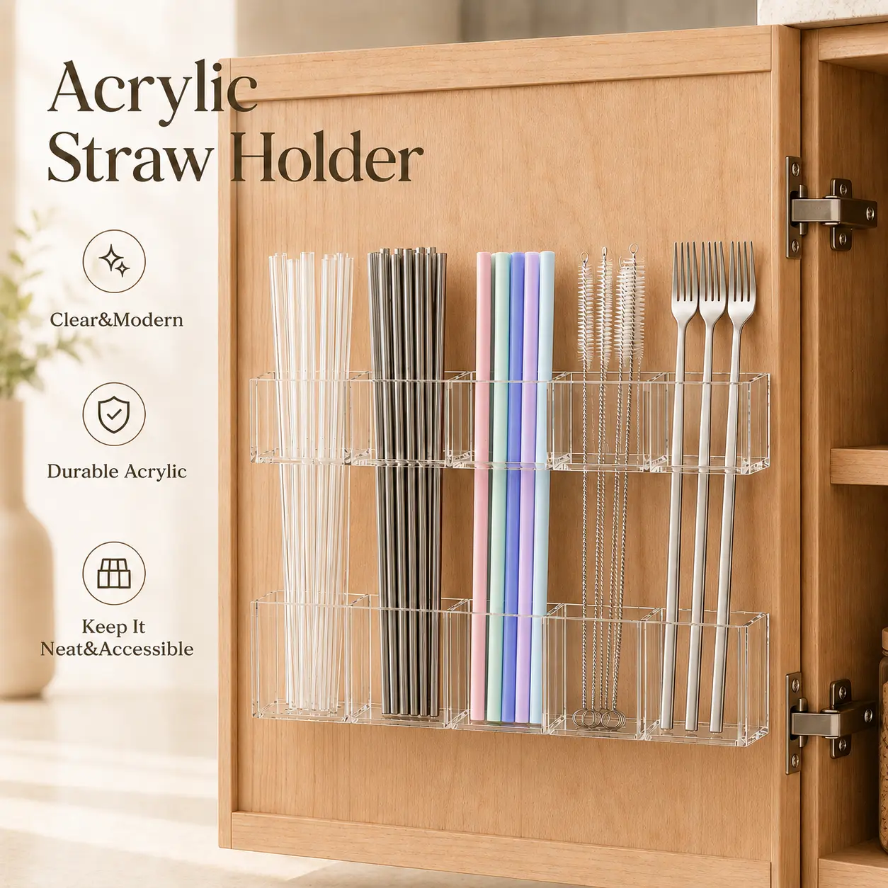 9.45 inches Acrylic Straw Holder for Cabinet Door, Clear Straw Organizer with 8 Nano Gel Pads, Two-Piece Cupboard Storage Rack for Reusable Straws, Cleaning Brushes and Slim Utensils