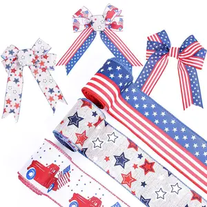 1 Roll Patriotic Wired Ribbon with American Flag Design, Burlap Independence Day Craft Ribbon for DIY Gift Wrapping and Party Decoration