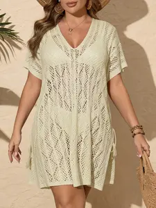 Knitted V-Neck Drawstring Bikini Cover-Up, Loose Fit Casual Hollow Out Design Beach Cover Up, Women's Summer Swimwear Outerwear, Swimsuit Cover Up