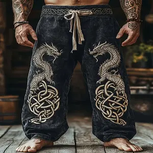 Men's Viking Knit Joggers - Polyester Stretch Fabric Pants, Norse Tribal Dragon Design, Formal/Casual Autumn/Winter Menswear for History Buffs, Costume Parties
