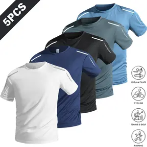 Men’s 5-pack quick-dry sports T-shirts, available in multiple colors, featuring breathable mesh fabric and reflective stripe safety design. Loose fit for comfort without tightness, suitable for various everyday athletic activities such as running, fitness