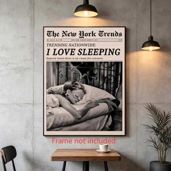 Wood Framed Gallery Wrapped Canvas, Retro Black White Feminist Wall Art, Newspaper Aesthetic Vintage Funky Sleeping Girl Prints for Girly Dorm Bedroom Decor, Trendy Wall Hanging, Teen Girl Gifts