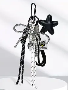 Black And White Star Braided Rope Keychain, Multi Purpose Keychain, Y2k Style Bag Charm, Pu Star Paired With Heart And Beaded Chain Bow, Can Be Used As A Car Key Pendant Or Bag Decoration, Versatile For Various Bags And Keys