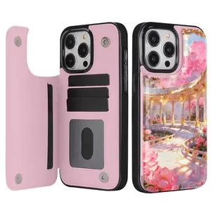 Phone Case - A magnetic clamshell phone case made of faux leather, designed for iPhone 17 Pro Max, 17 Air, 16 Pro, 15, 14 Plus, 13 and 12, displaying a pink hallway pattern