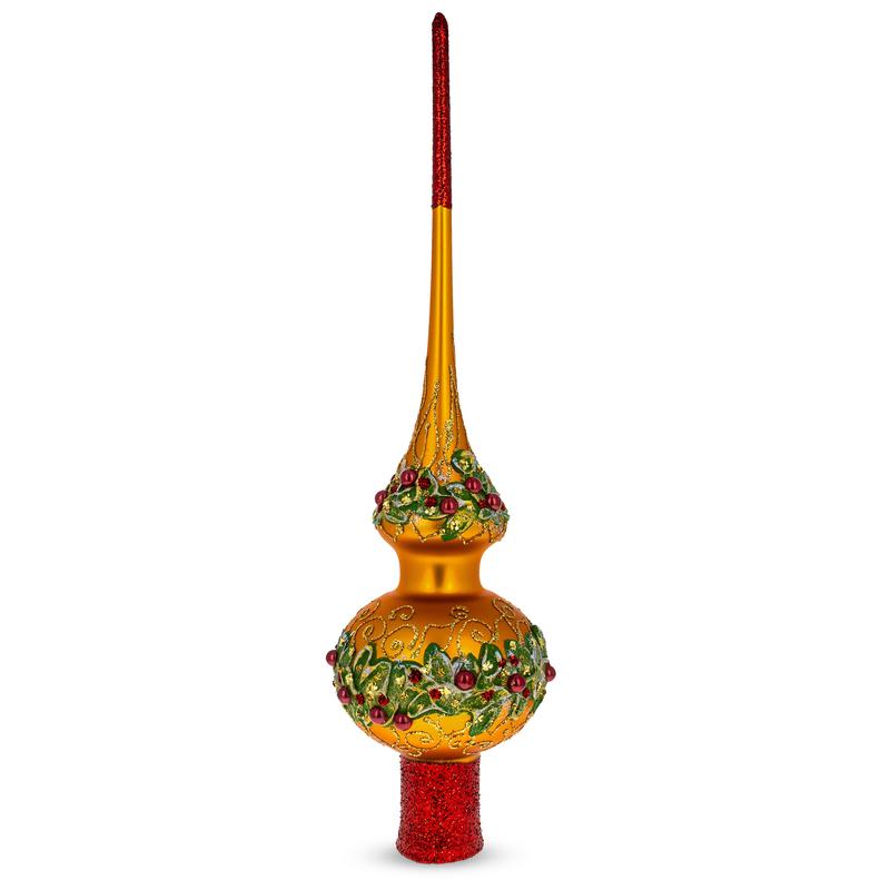 Dimensional Poinsettia Flowers with Pearls on Gold Blown Glass Christmas Tree Topper 11 Inches