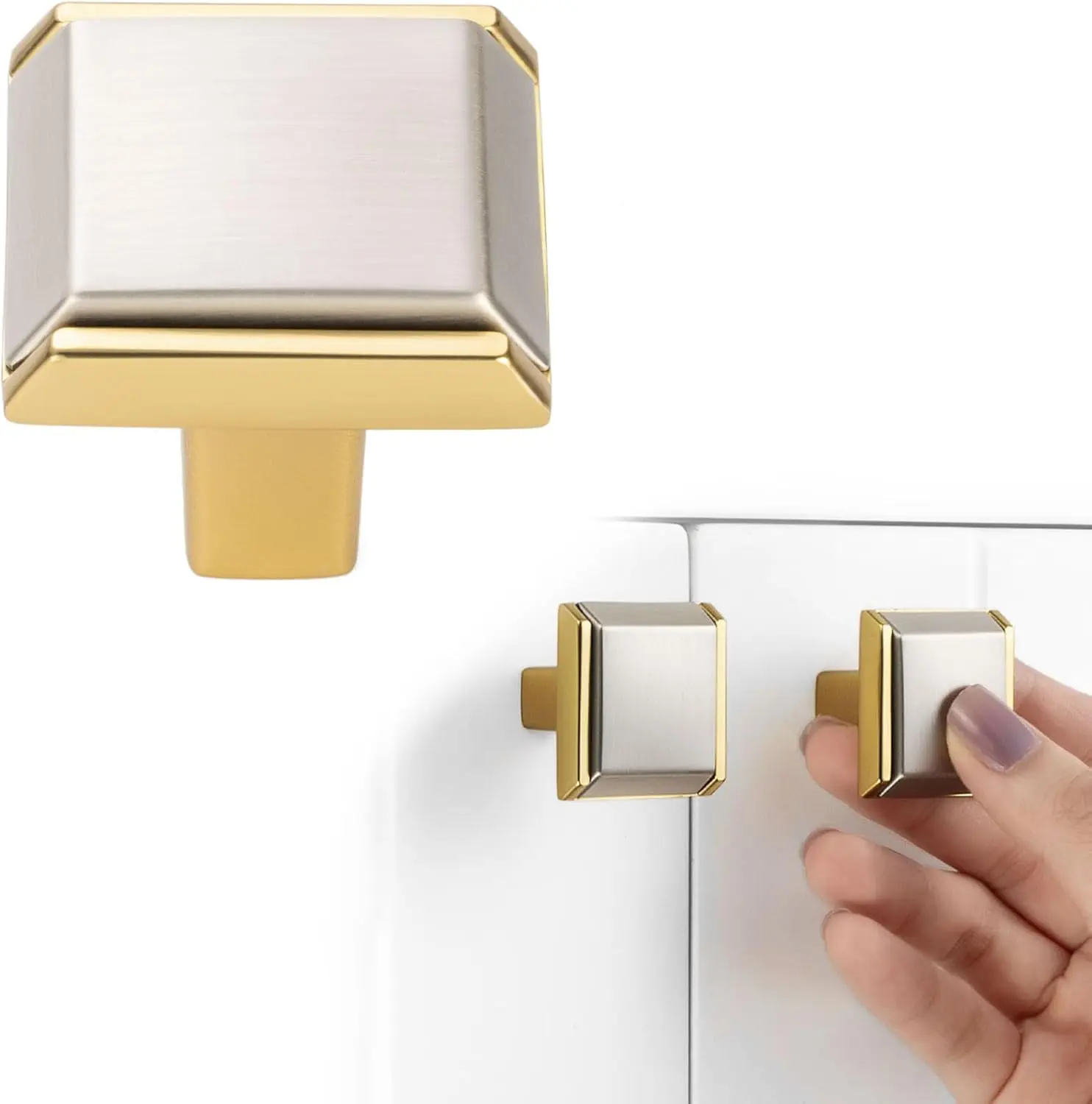 2281 Model Brushed Nickel & Gold Cabinet Knobs, 10-Pack 1.25-Inch Square Single Hole Pull Handles with Beautiful Finish, 2-Piece Fix for Kitchen Cabinets, Drawers, Bedroom Dressers