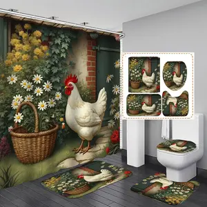 1/3/4PCS Rustic style scene with a chicken basket and flowers Shower Curtain Set with Rugs, Non Slip Bath Mat, U-Shape Carpet, Toilet Lid Cover, Polyester Fabric Bathtub Curtain Accessories, 12 Hooks, Home Bathroom Festival Decor