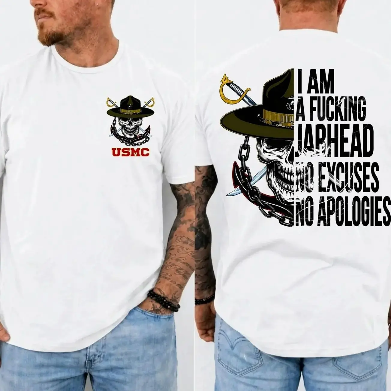 Usmc Jarhead Skull Two Sides Shirt, No Excuses No Apologies Marine Graphic Tee, Unisex Sweater Pullover Tee