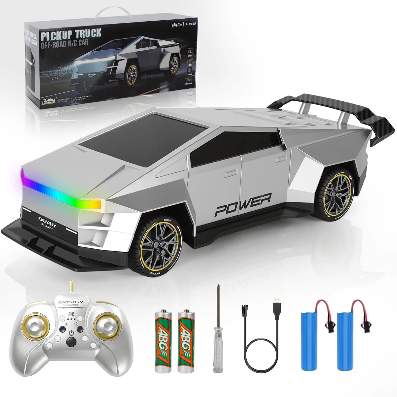 2.4 GHz Cyber-Style RC Truck - All-Terrain Techno-Tough Hobby Monster RC Car, Off-Road Pick-Up Toy with 1-Touch Demo, 3 Adjustable LED Light Effects, Silver Gift for Boys Aged 3+