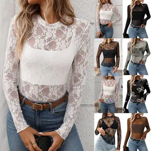 Layered mesh top women's long sleeved high neck see through shirt plus size see through flower 90s Western rock style concert clothing lace shirt suitable for daily outdoor wear lace shirt women's shirt