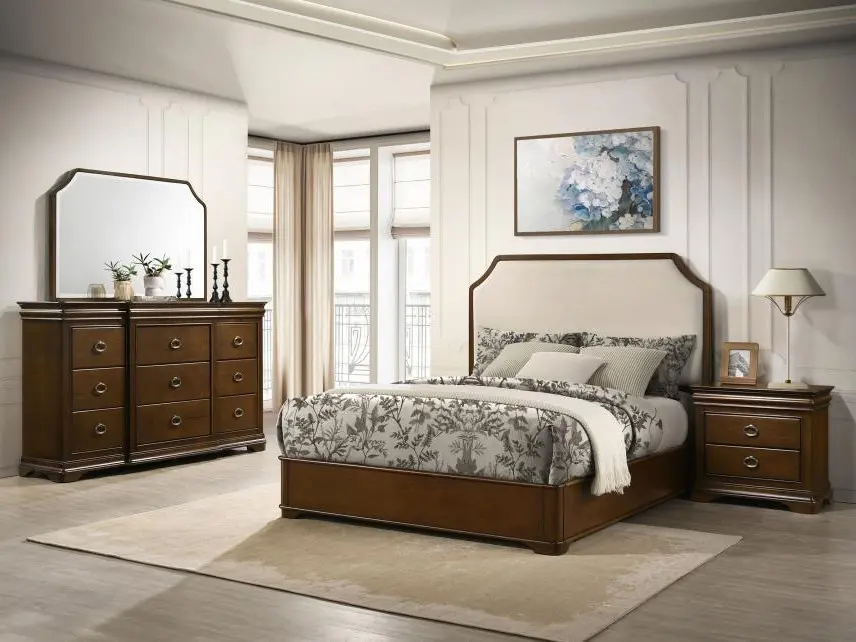 Coaster 205301Q-S4 4-Piece Brown Cherry Finish Rectangular Wood Queen Bedroom Set - Upholstered Headboard Queen Bed (65.25"x85.75"x57.5"H), Nightstand (28"x18"x26.5"H) with Drawers & 2 USB Ports, Storage, Assembly Required