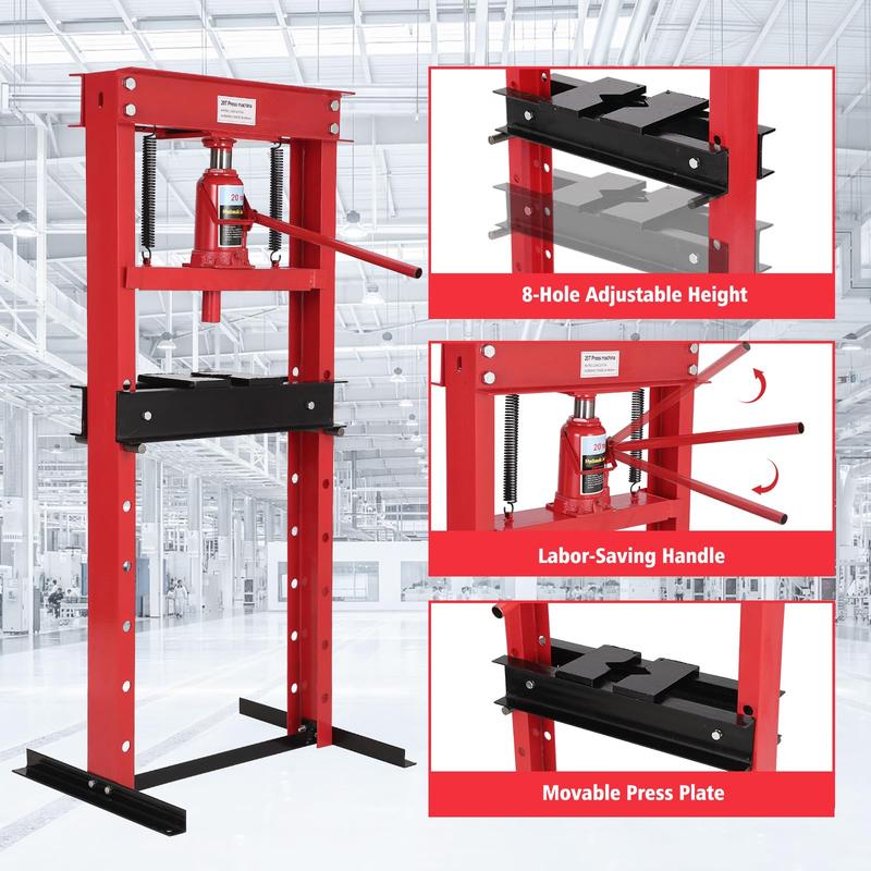 GARVEE 20 Ton Hydraulic Press, h-Frame Heavy Duty Garage Floor Shop Press Tool with Plates,Adjustable Work Table Height for Metalworking, Bearing Removal, Repair Bend, Straighten, or Press Parts, u-Joints