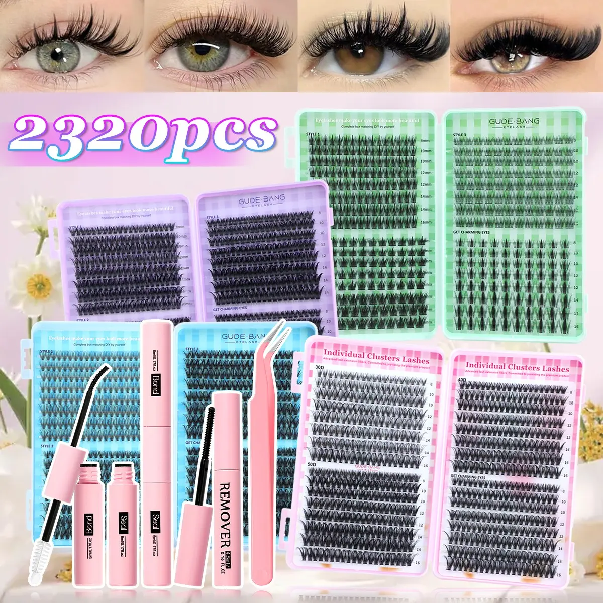 DIY eyelash extension kit, Lashes Extension Set, 640PCS 50D+60D+80D style, Eyelash clusters, including False Eyelashes Extensions, glue, remover, tweezers, beginner-friendly, easy to use at home, Curl Cluster Lashes