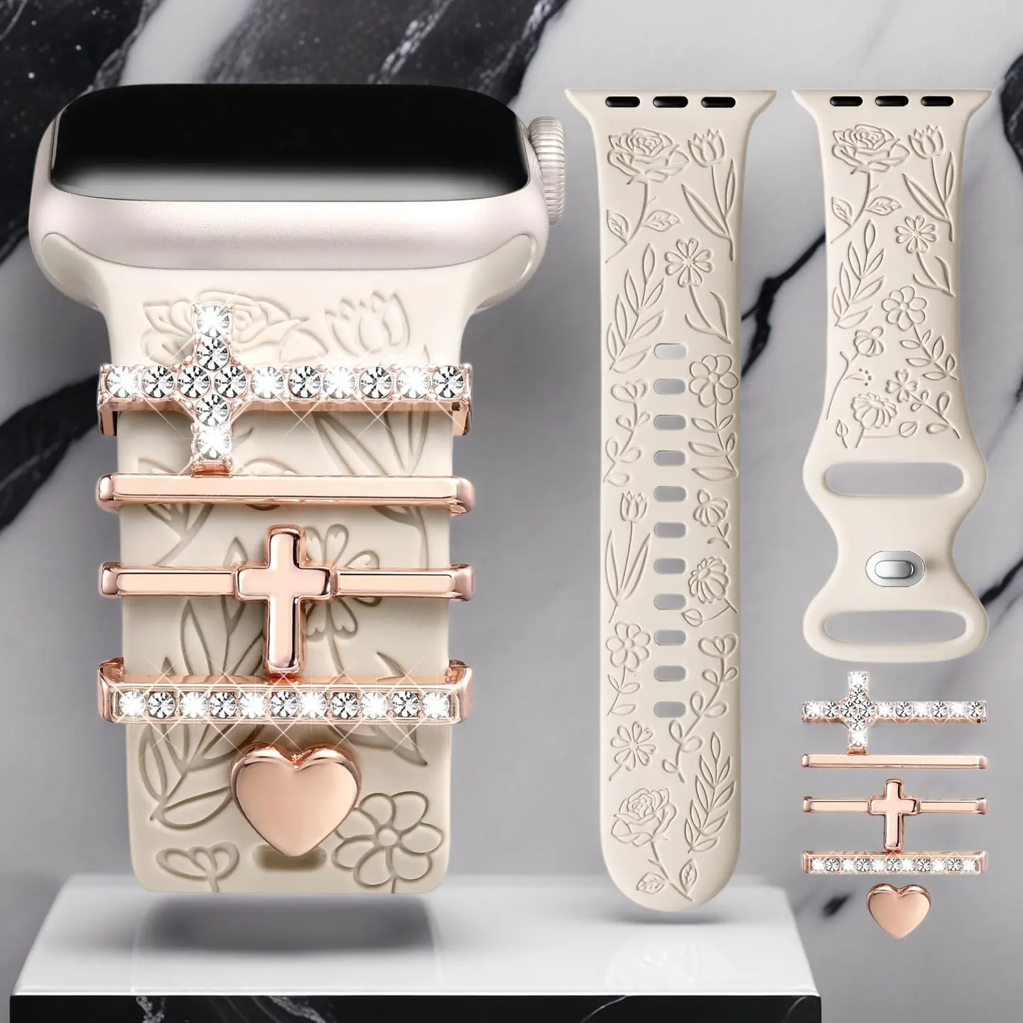 Digi Floral Engraved Band with Charm for Apple Watch 38–42mm Women – Soft Silicone Dressy Strap, Decorative Wildflower Wristband for iWatch All Series