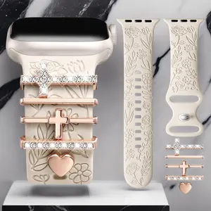 Floral Engraved Band with Charm for Apple Watch 38–42mm Women – Soft Silicone Dressy Strap, Decorative Wildflower Wristband for iWatch All Series