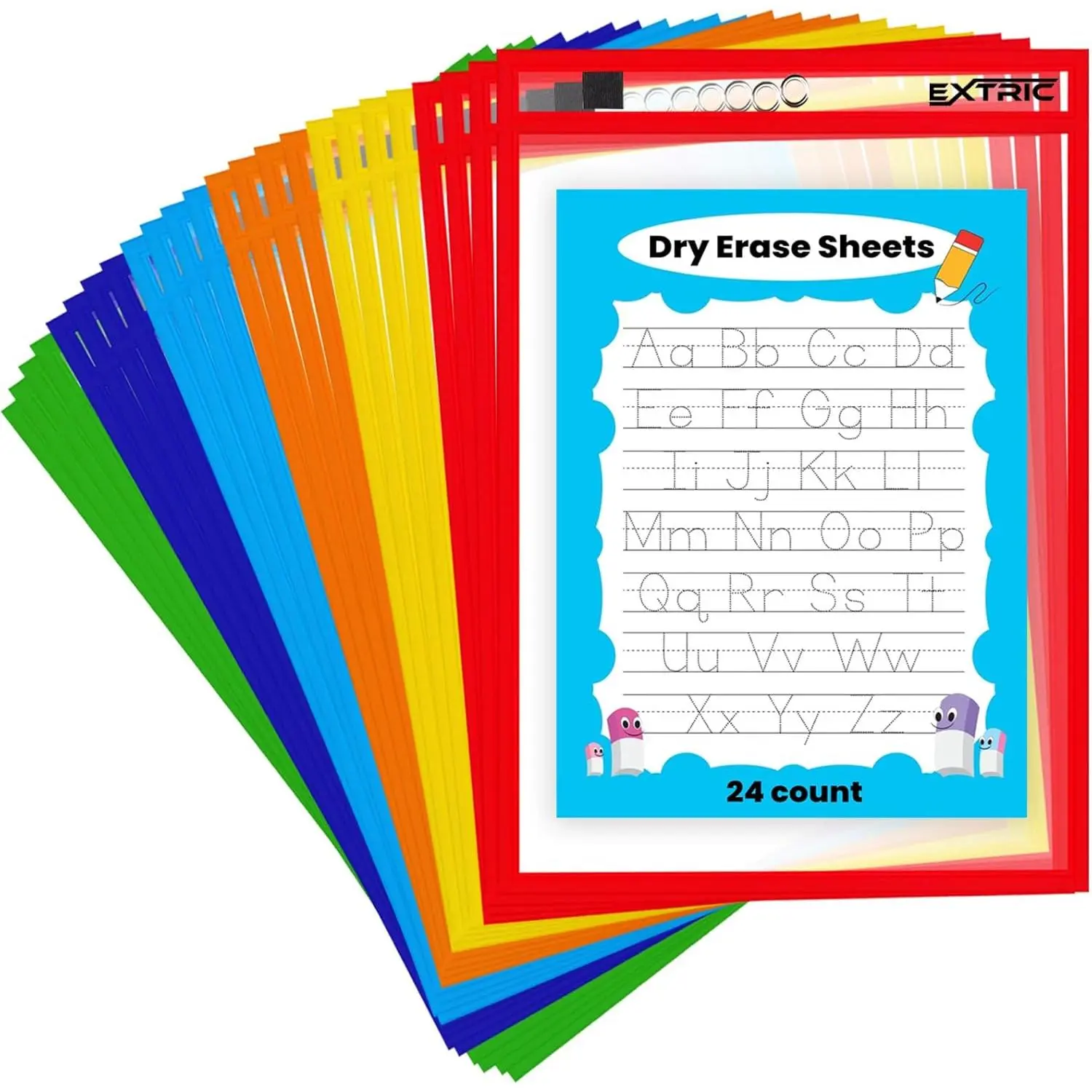 24 Pack Dry-Erase Sheets, Clear Plastic Paper Sleeves, Assorted Color, 10x16 inches, 24 Pieces