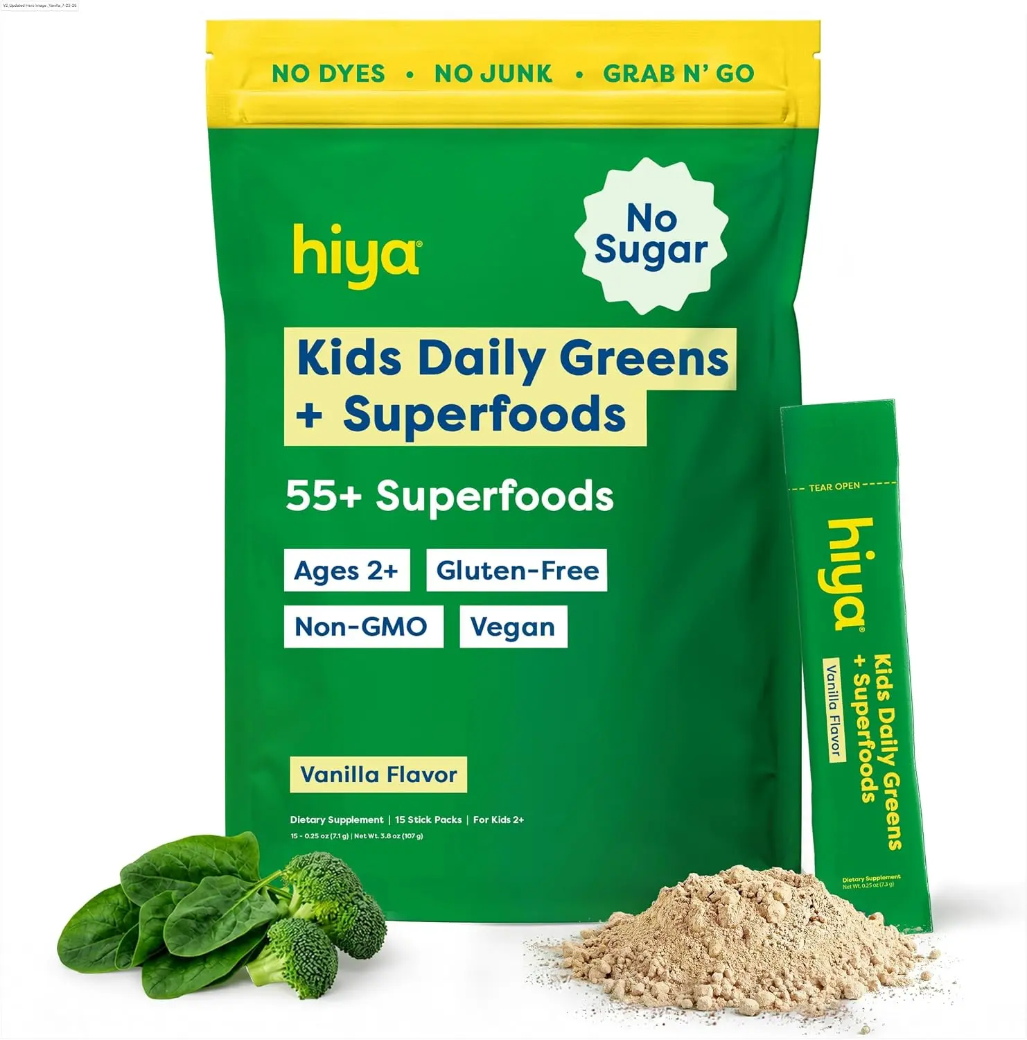 Hiya Kids Daily Greens Vanilla Sticks – Sugar-Free Superfoods Powder for Kids, 55+ Whole-Foods, 0g Sugar