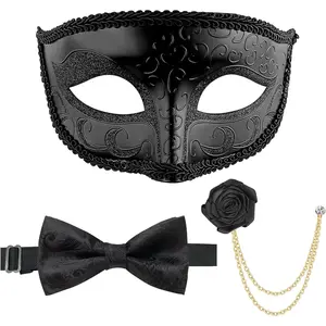 Erythem Masquerade Mask for Men Venetian Style Mens Masquerade Mask with Bowtie Brooch for Halloween Mardi Gras Costume Party