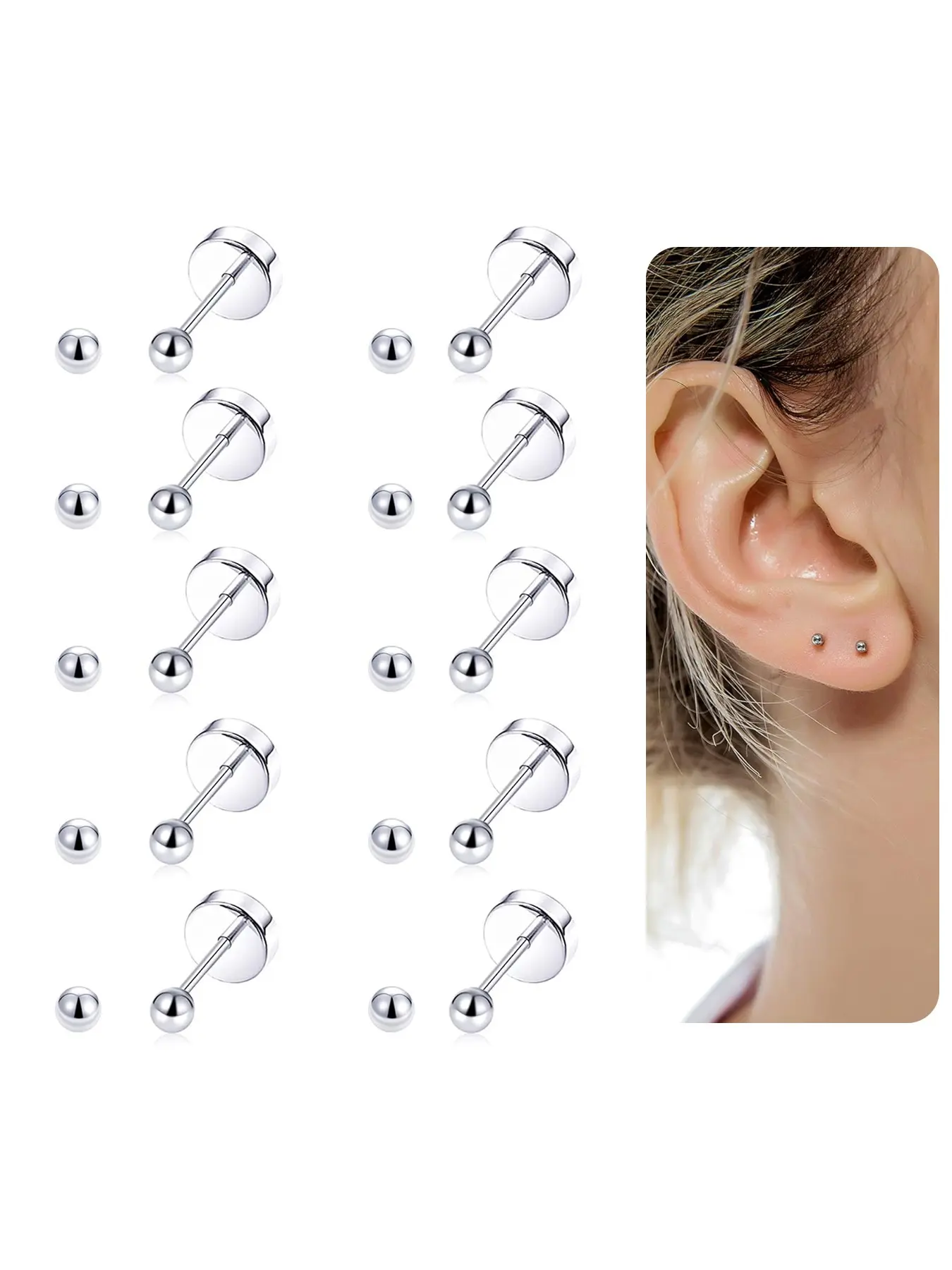 10 Pairs Tiny Cartilage Stud Earrings Stainless Steel Small Ball Barbell Stud Earrings Tragus Piercing Earring Set for Men Women Screw Flat Back 20G Body Piercing Jewelry Piercing Earrings Studs