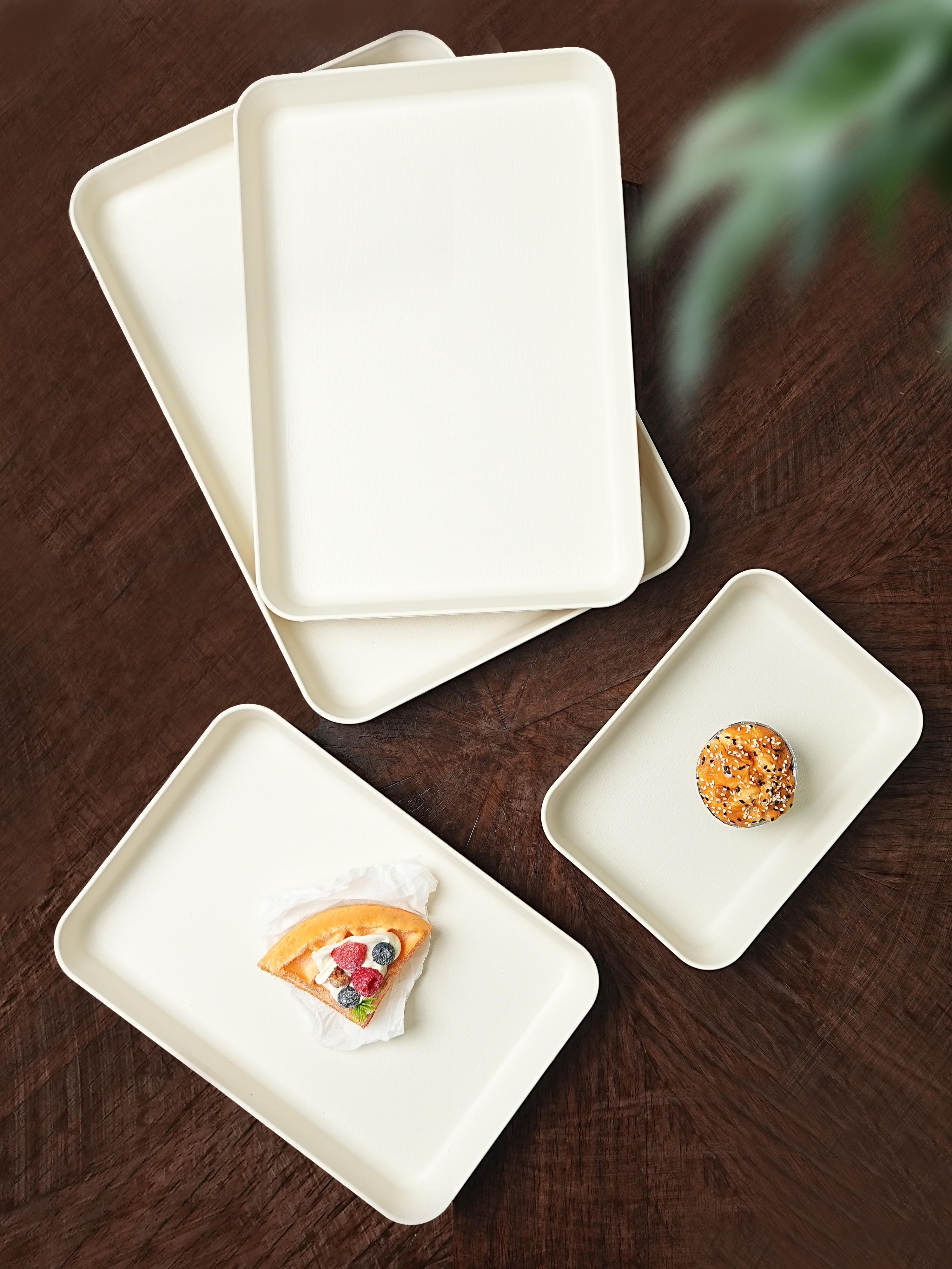 Reusable PP Plastic Serving Trays Ideal for cookies, appetizers, deli foods, snacks, desserts and fruits. Perfect for party food presentation; stackable design for kitchen countertop use. Available in multiple sizes and colors.