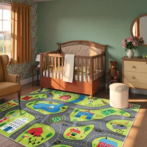 Living room rug, colorful cartoon road map area mat, soft and comfortable home floor mat, machine washable non-slip floor mat, suitable for playroom, creative decoration, suitable for children's gift and fun playtime. Toy car city rug, Cartoon Pattern Rug