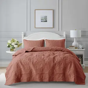 Damask Quilt California Cal King Size Bedding Sets with Pillow Shams, Boho Oversized Lightweight Soft Bedspread Coverlet, Burnt Orange Quilted Blanket Bed Cover, 3 Pieces, 118x106 inches