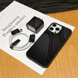 5 Piece Set Elegant Men Business Patchwork Phone Case, Charger Head Cover, Cable Protector, Storage Rope, Anti-Drop Tpu Shell