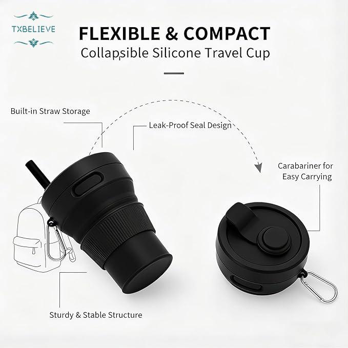 Silicone Coffee Mug Collapsible Cups for Camping Folding Travel with Straw Reusable Portable Drinking Cups Outdoor Hiking 450ml (Green-450ml, 1)