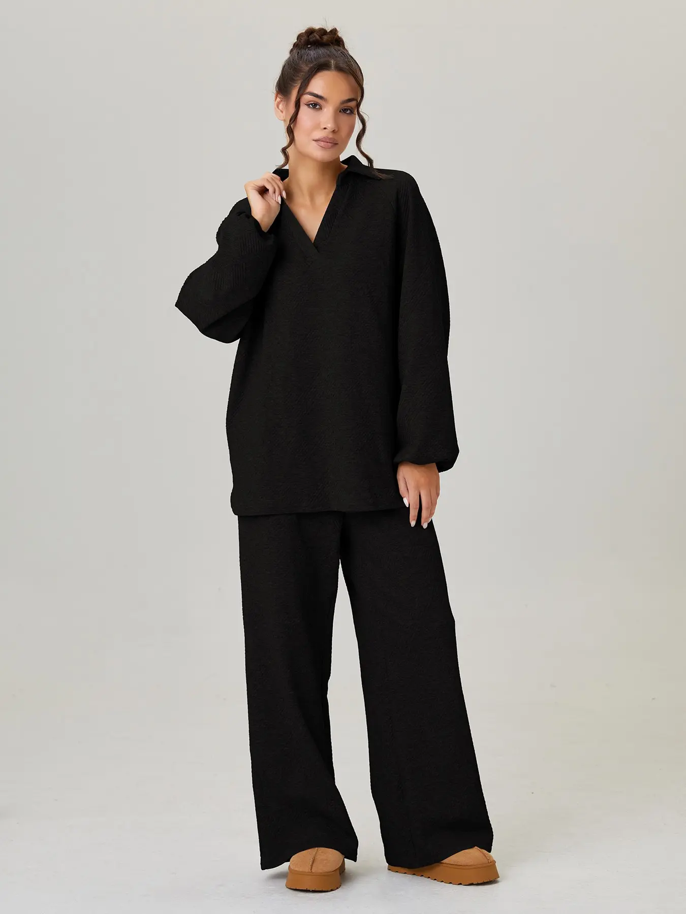 Women's Loose-Fit V-Neck Long Sleeve Knitted Sweater & Adjustable Drawstring Waist Pants Set, Womenswear Casual Clothes Fashion for Spring & Fall Seasons, Cozy Knitwear Set