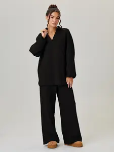 Women's Loose-Fit V-Neck Long Sleeve Knitted Sweater & Adjustable Drawstring Waist Pants Set, Womenswear Casual Clothes Fashion for Spring & Fall Seasons