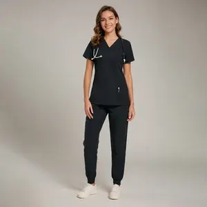 Women's Scrub Set - Flexible V-Neck Top & Jogger Pants Featuring 8 Pockets