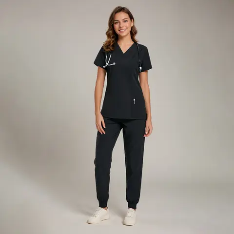 Women's Scrub Set - Flexible V-Neck Top & Jogger Pants Featuring 8 Pockets