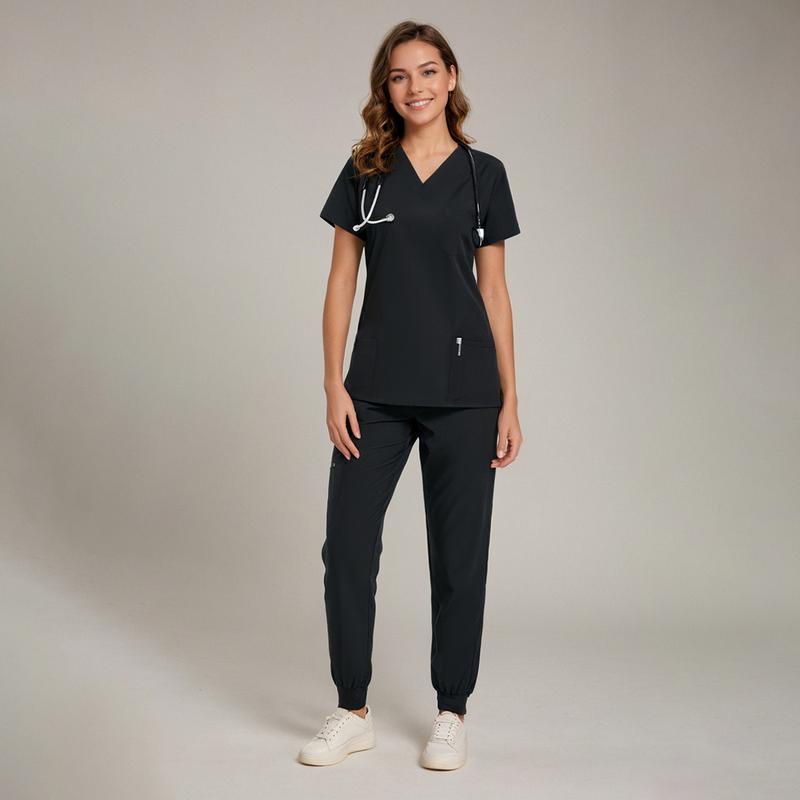 Women's Scrub Set - Flexible V-Neck Top & Jogger Pants Featuring 8 Pockets Women's Scrub Set - Flexible V-Neck Top & Jogger Pants Featuring 8 Pockets